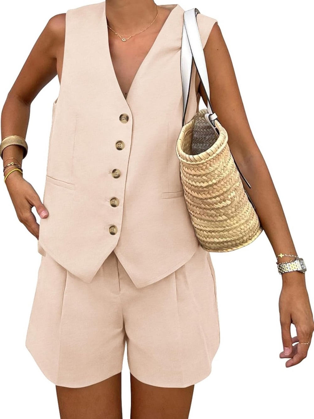 Summer 2 Piece Matching Set V Neck Vest top and pocketed shorts